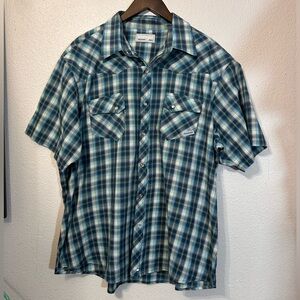 Wrangler Men’s Plaid Snap Button Shirt Size 3XL Blue Short Sleeve